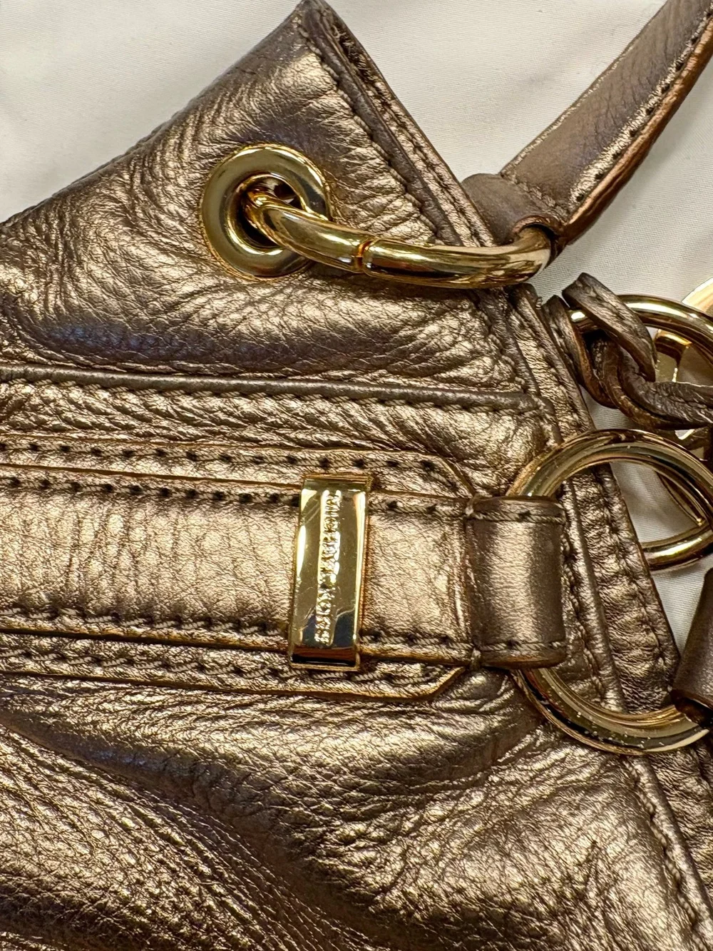 Authentic Michael Kors Layton Metallic Gold Pebbled Leather Shoulder Bag w/ Dust - Picture 7 of 13
